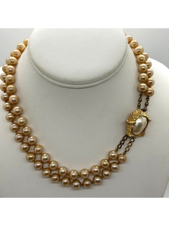 Marvella Jewelry - Vintage Marvella Double-Strand Glass Pearl Necklace With Ornate Gold-Tone Clasp